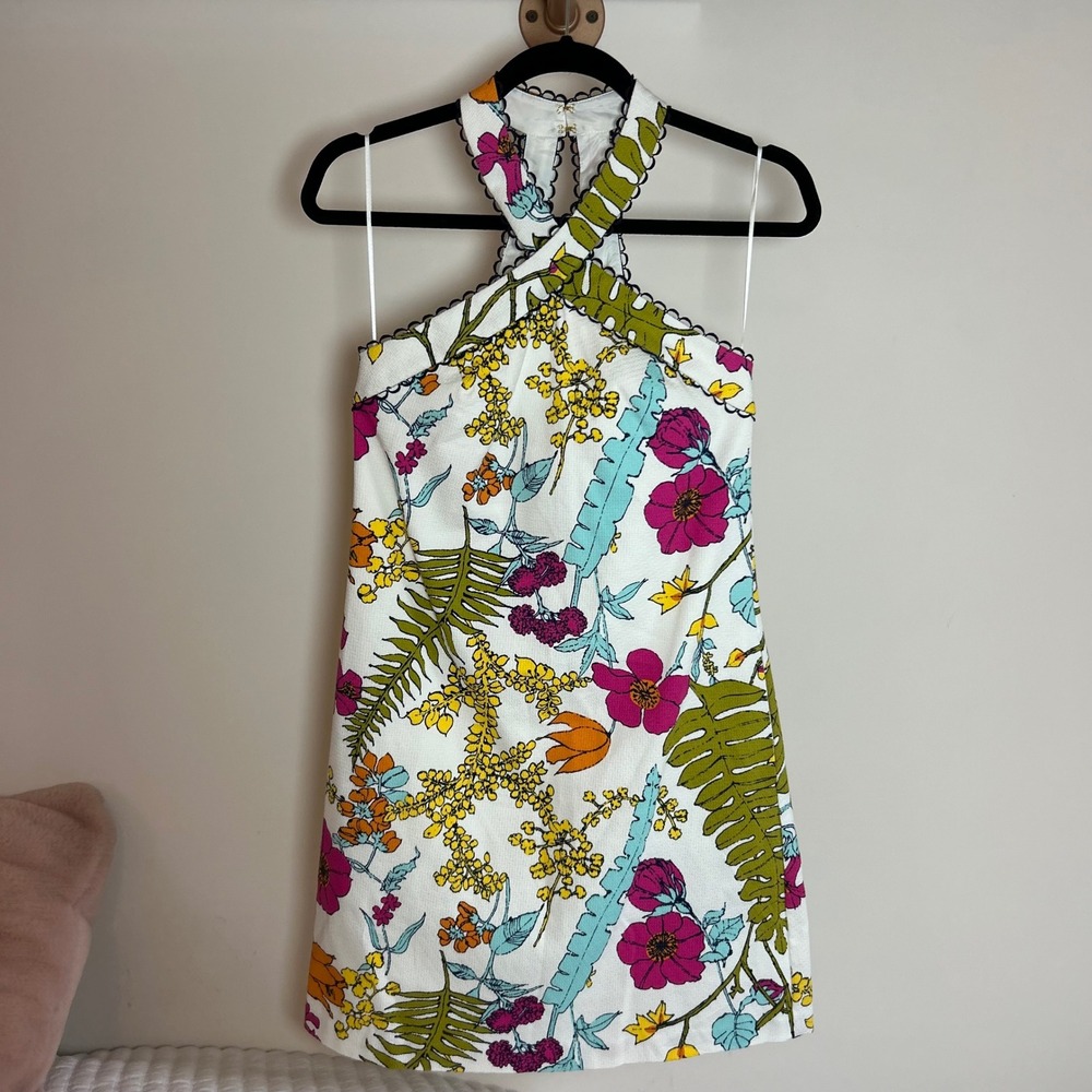 Trina Turk Tropical Floral Halter Dress Blue Pink Green Yellow White Size 2